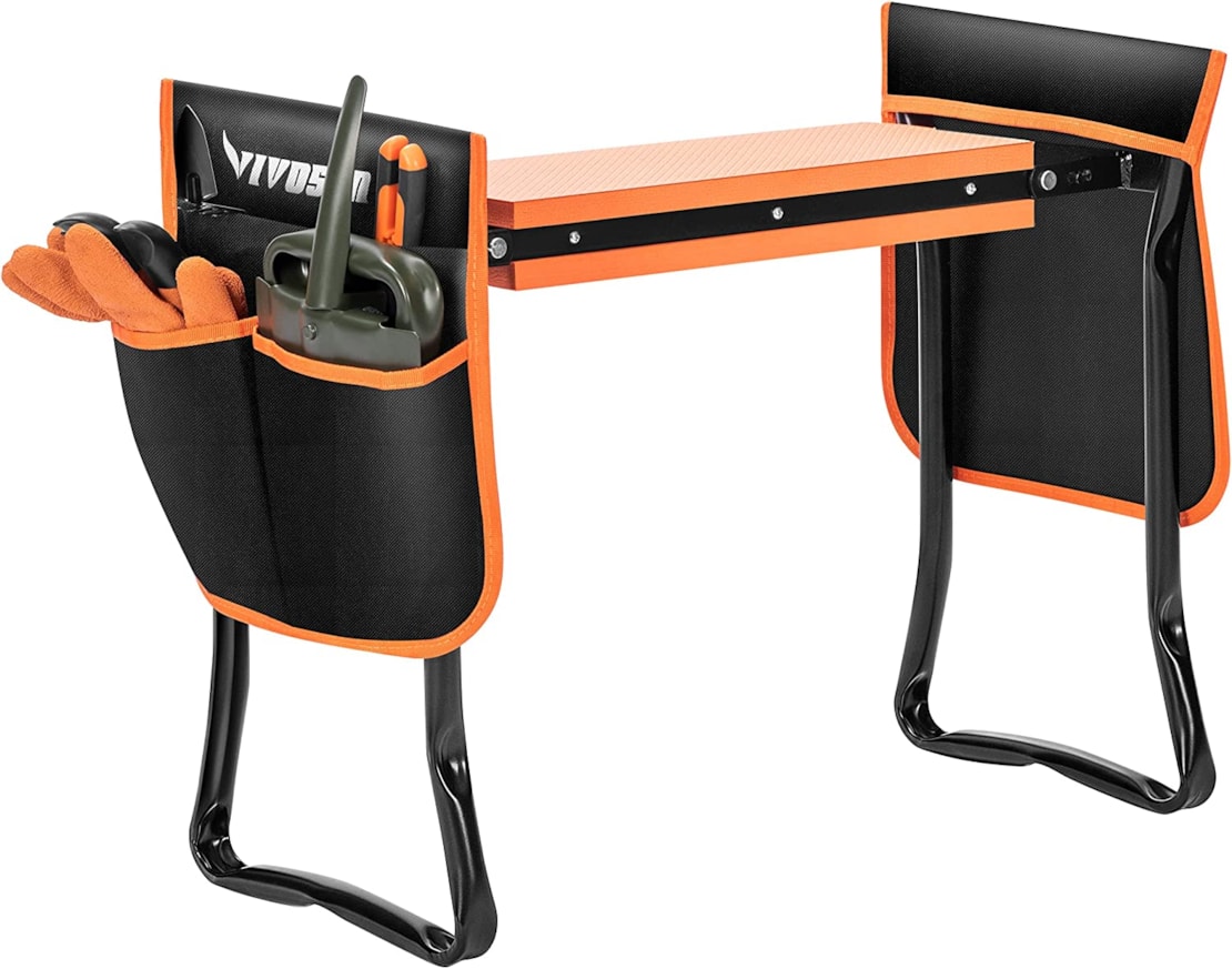 VIVOSUN Portable Garden Kneeler Seat Foldable Garden Bench with EVA Foam Pad and 2 Tool Bags for Outdoor Gardening, Orange Gloves Included