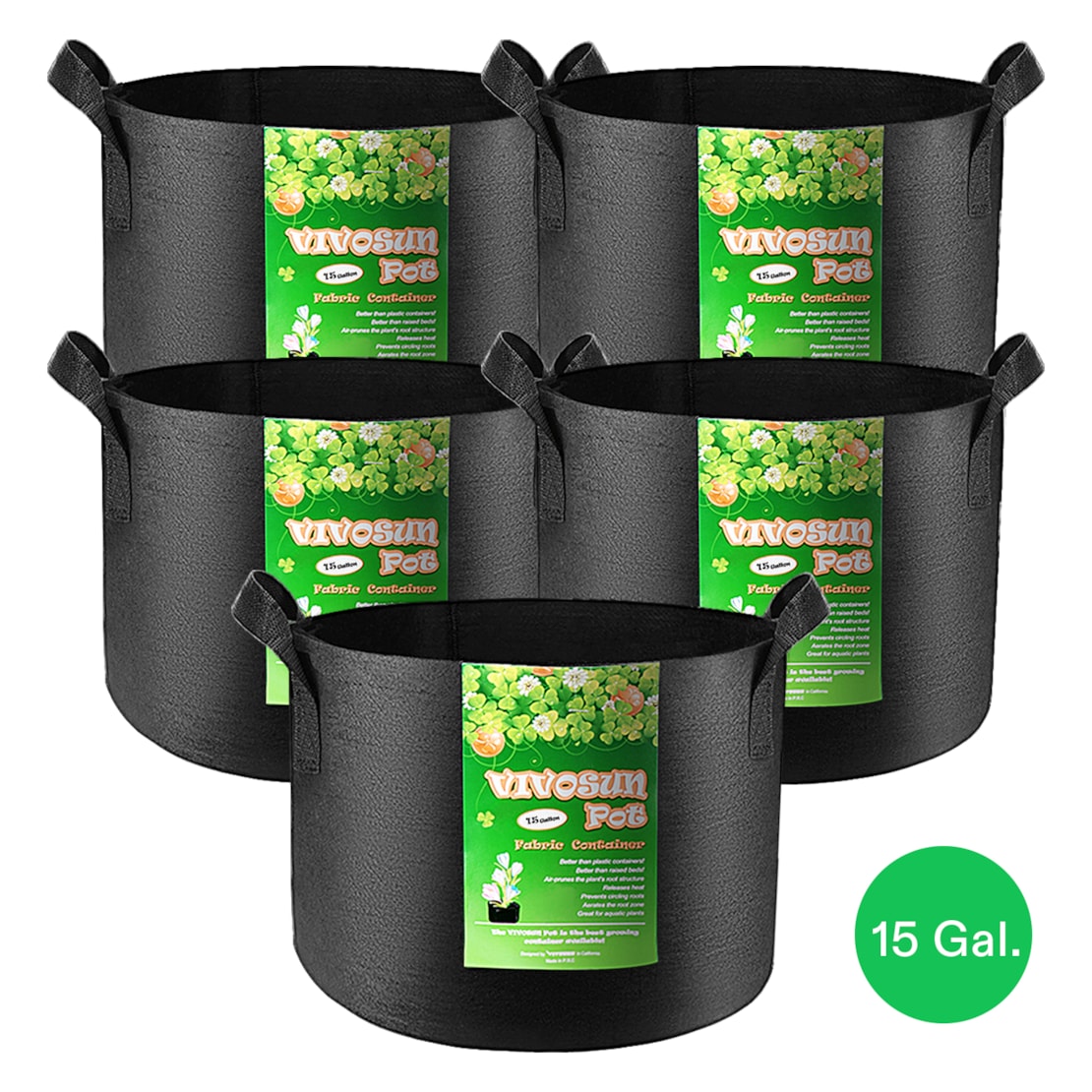 VIVOSUN 15 Gallon Grow Bags 5-Pack Black Thickened Nonwoven Fabric Pots with Handles