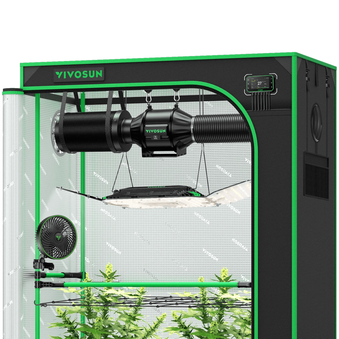 Smart Growbox Komplettset GIY-SGS-42 Pro 60 x 120 x 180 cm, Komplettsystem für 2 Pflanzen, mit WiFi E42A+ Controller, 200W AeroLight Wing LED Pflanzenlampe, 10 cm AeroZesh T4 Abluftset und AeroWave E6 Gen2 Gen2 Clip Fan