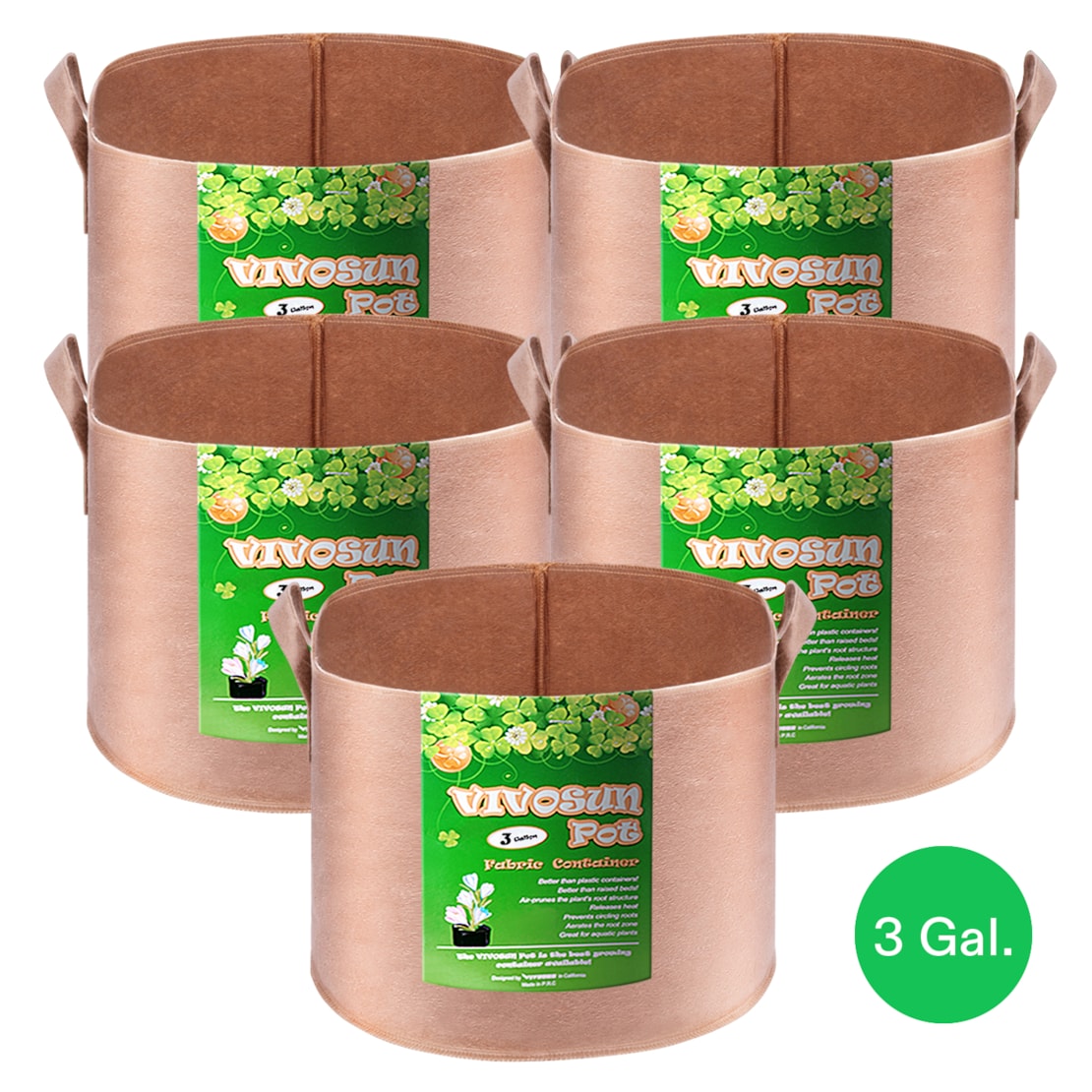 VIVOSUN 3 Gallon Grow Bags 5-Pack Brown Thickened Nonwoven Fabric Pots with Handles