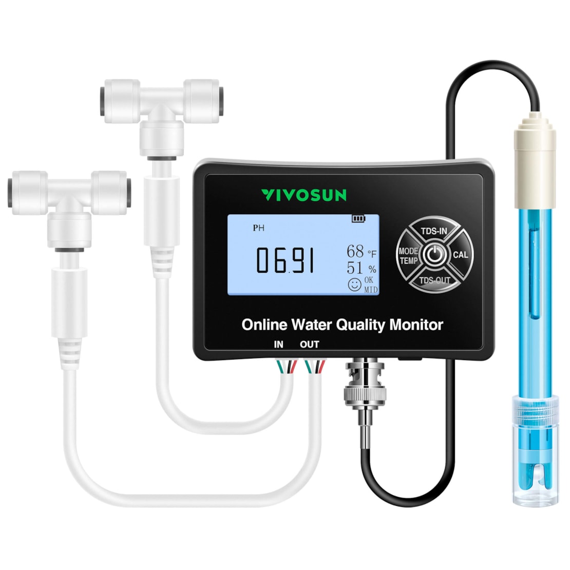 VIVOSUN 5-in-1 Water Quality Monitor with pH/TDS/EC/Temp/Humidity Function, Backlight Screen for Fish Tank, Water Purifier and Aquarium