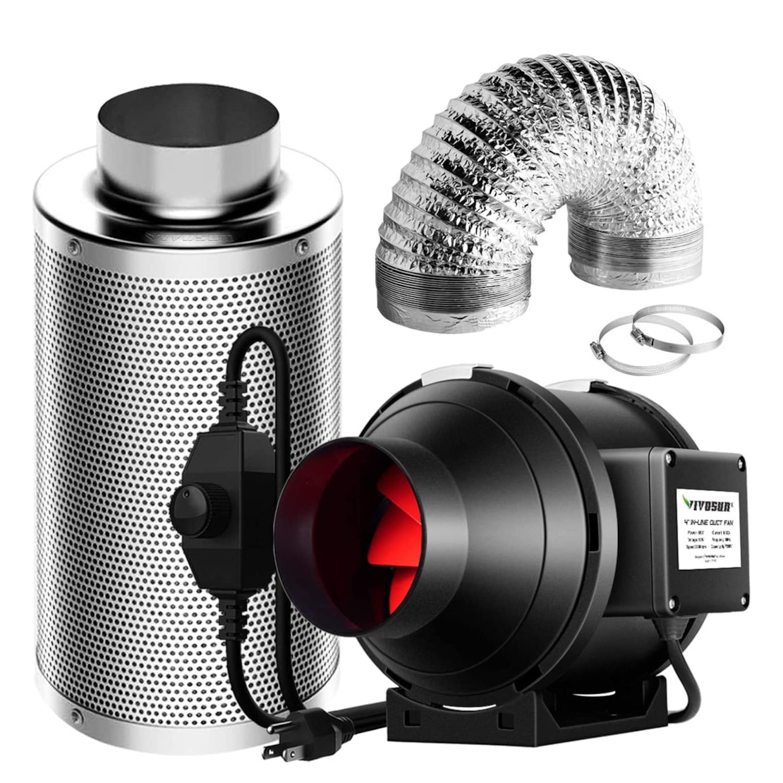 VIVOSUN 4-Inch 190 CFM Inline Duct Fan Kit with Carbon Filter and Ducting