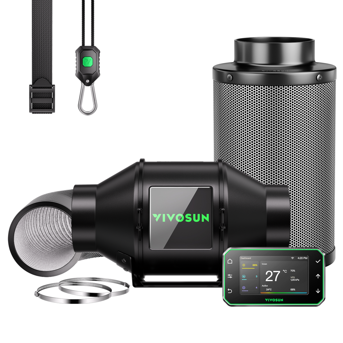 10 cm Smart Abluftset Pro G4 – Rohrventilator, GrowHub E42A+ WLAN-Controller, Aktivkohlefilter & Lüftungsschlauch für Growbox & Hydroponik