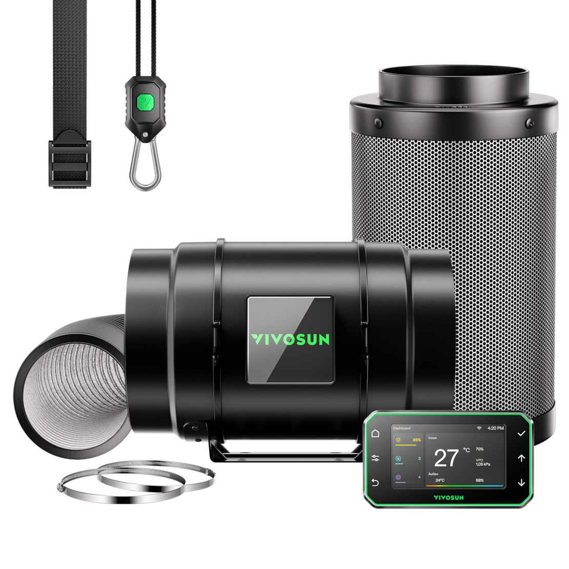 20 cm Smart Abluftset Pro G8 – Rohrventilator, GrowHub E42A+ WLAN-Controller, Aktivkohlefilter & Lüftungsschlauch für Growbox & Hydroponik