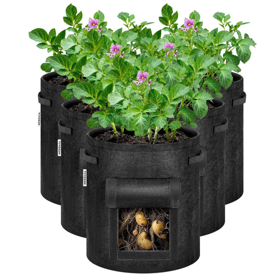 VIVOSUN 5-Pack 7 Gallon Potato Grow Bags, Fabric Pots with Handle and Roll-up Window, Black