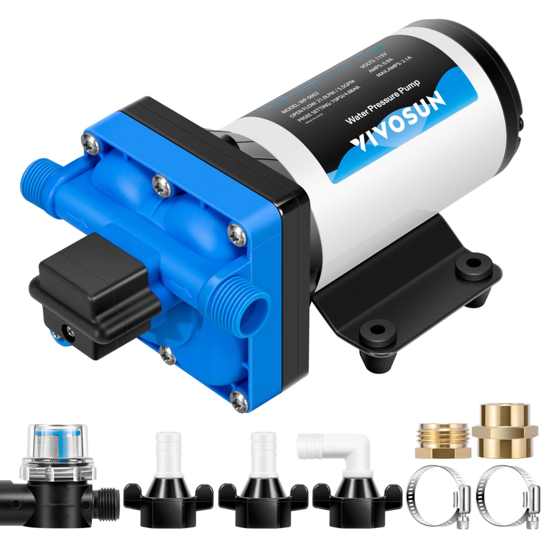 VIVOSUN Water Pressure Pump, 110V 5.5GPM 70 PSI Diaphragm Water Pump Include 1/2" and 3/4" Garden Hose Adapters, Power Plug for Bathrooms, Kitchens, RVs, and Yachts