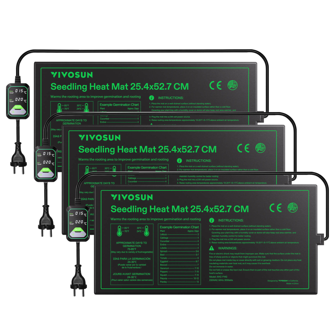 Anzucht-Heizmatte mit digitalem Dual-Display-Thermostat, 25x53 cm schwarze Wärmematte für die Keimung von Samen, 3er-Pack