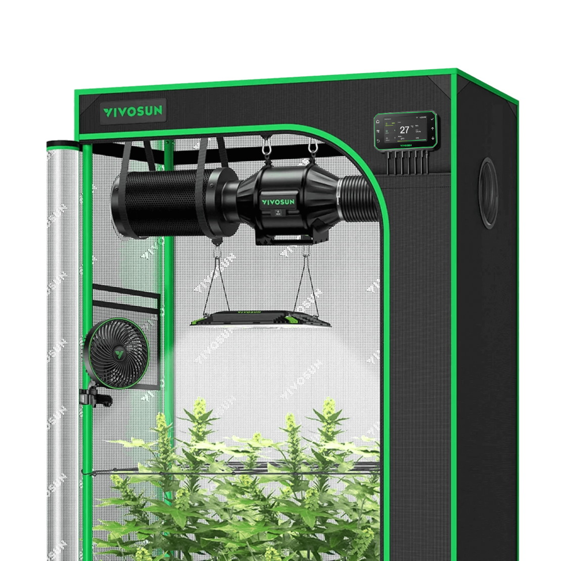 Smart Growbox Komplettset GIY-SGS-32 90 x 50 x 160 cm, Komplettsystem für 2 Pflanzen, mit WiFi E42A+ Controller, 100W AeroLight LED Pflanzenlampe, 10 cm AeroZesh T4 Abluftset und AeroWave E6 Gen2 Gen2 Clip Fan