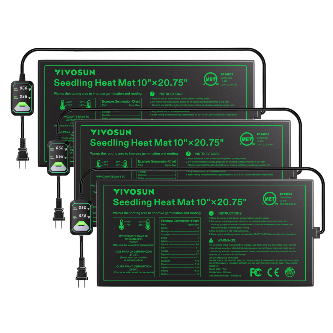 Seedling Heat Mat with Dual Digital Display Thermostat, 10" x 20.75" Black Warm Hydroponic Heating Pad for Seed Germination, 3 Pack