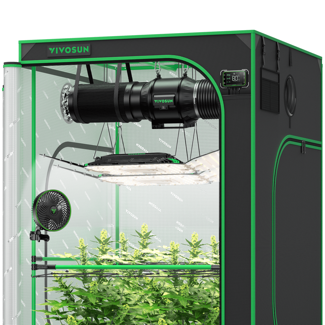 Smart Growbox Komplettset GIY-SGS-44 Pro 120 x 120 x 200 cm, Komplettsystem für 4 Pflanzen, mit WiFi E42A Controller, 2 x 200W AeroLight Wing LED Pflanzenlampe, 15 cm AeroZesh T6 Abluftset und AeroWave E6 Gen2 Gen2 Clip Fan
