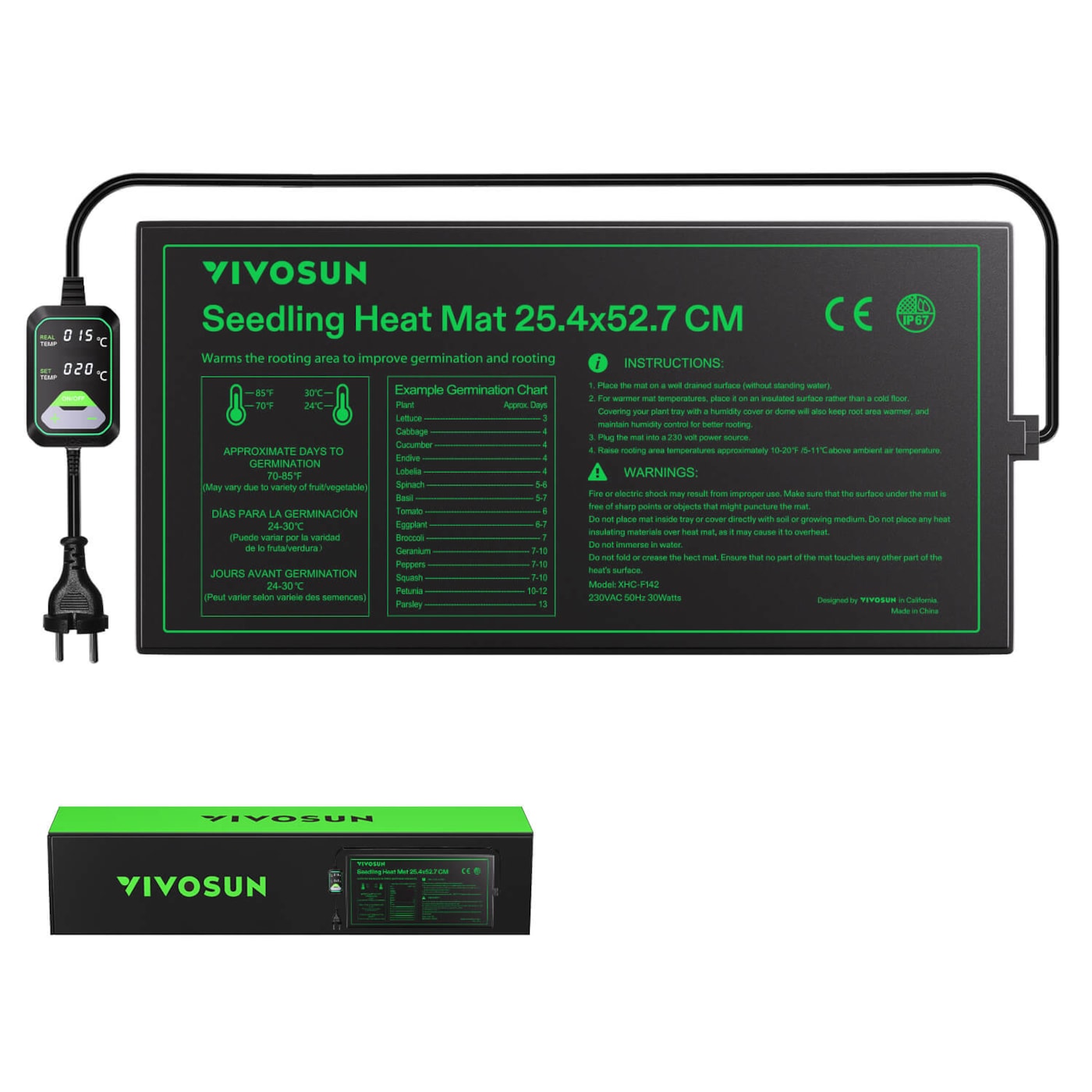 Anzucht-Heizmatte mit digitalem Dual-Display-Thermostat, 25x53 cm schwarze Wärmematte für die Keimung von Samen