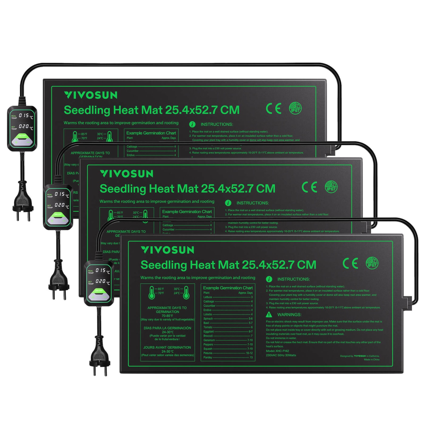 Anzucht-Heizmatte mit digitalem Dual-Display-Thermostat, 25x53 cm schwarze Wärmematte für die Keimung von Samen, 3er-Pack