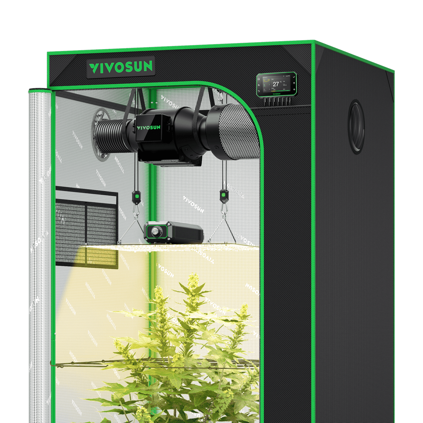 Smart Growbox Komplettset 80×80 cm, 2-Pflanzen System Vollautomatisches Grow-Setup mit WLAN-Steuerung, GrowHub E42A+ Controller, 150W Full-Spectrum LED Pflanzenlampe und 10cm AeroZesh G4 Abluftset