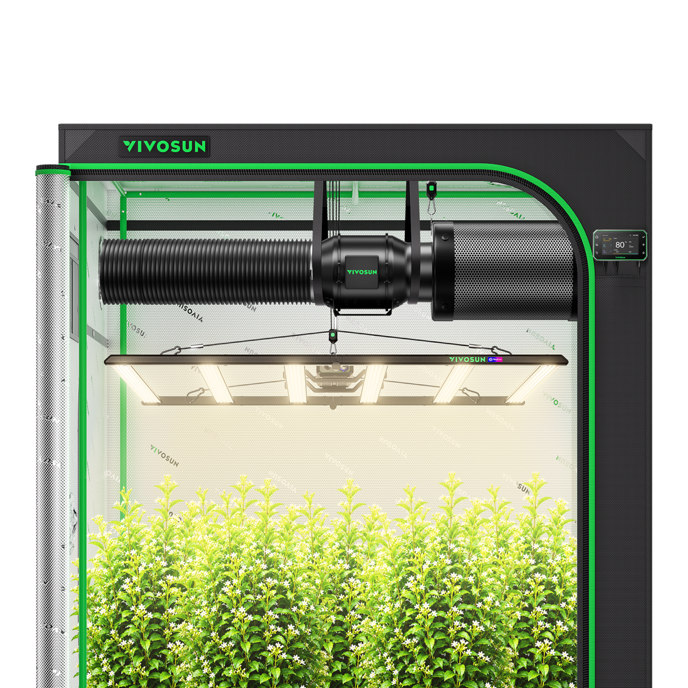 Smart Growbox Komplettset 150 x 150 x 200 cm, Komplettsystem für 6 Pflanzen, mit WiFi E42A+ Controller, 1 x 750W LumaLight LED Pflanzenlampe und 15 cm AeroZesh G6 Abluftset