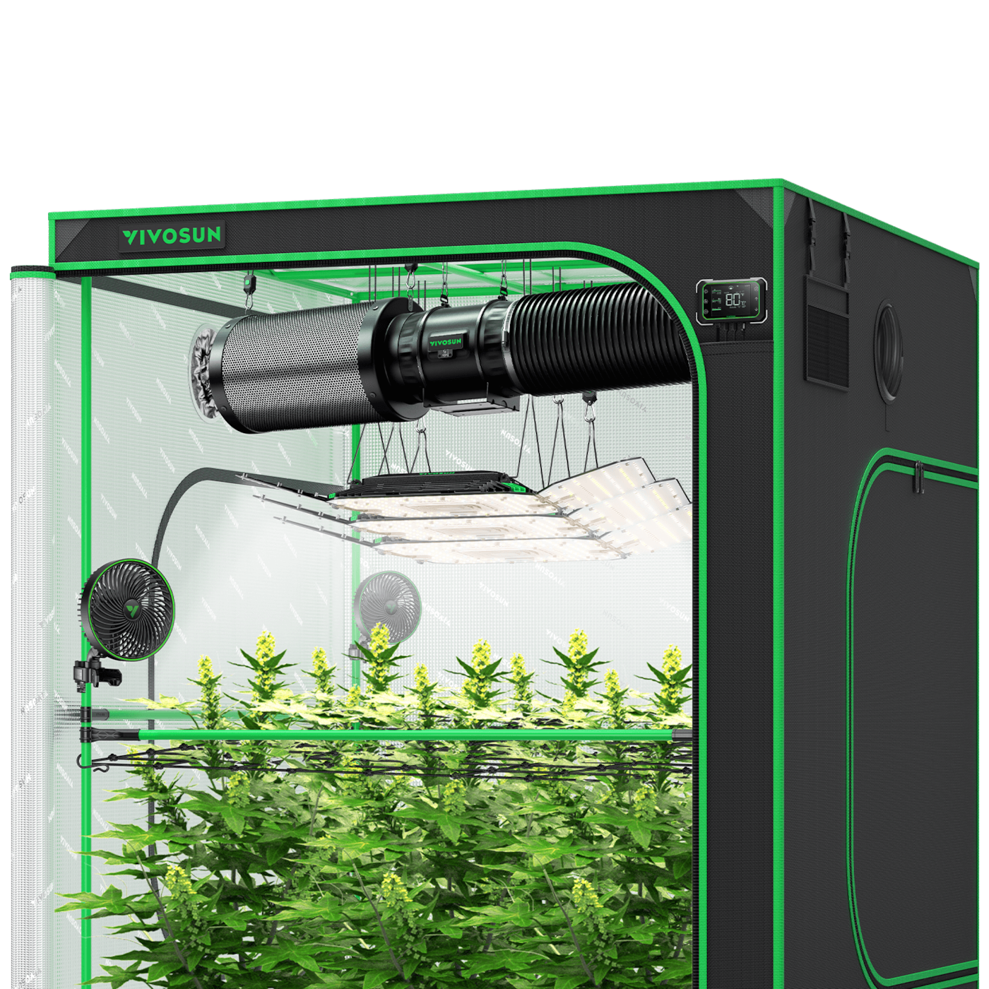 Smart Grow Tent Kit GIY-SGS-55 Pro 5x5, 6-Plant Complete System, with WiFi E42A Controller, 3x 200W AeroLight Wing LED Grow Light, 8-inch AeroZesh T8 Ventilation Combo, and 2x AeroWave E6 Gen2 Clip-on Fan