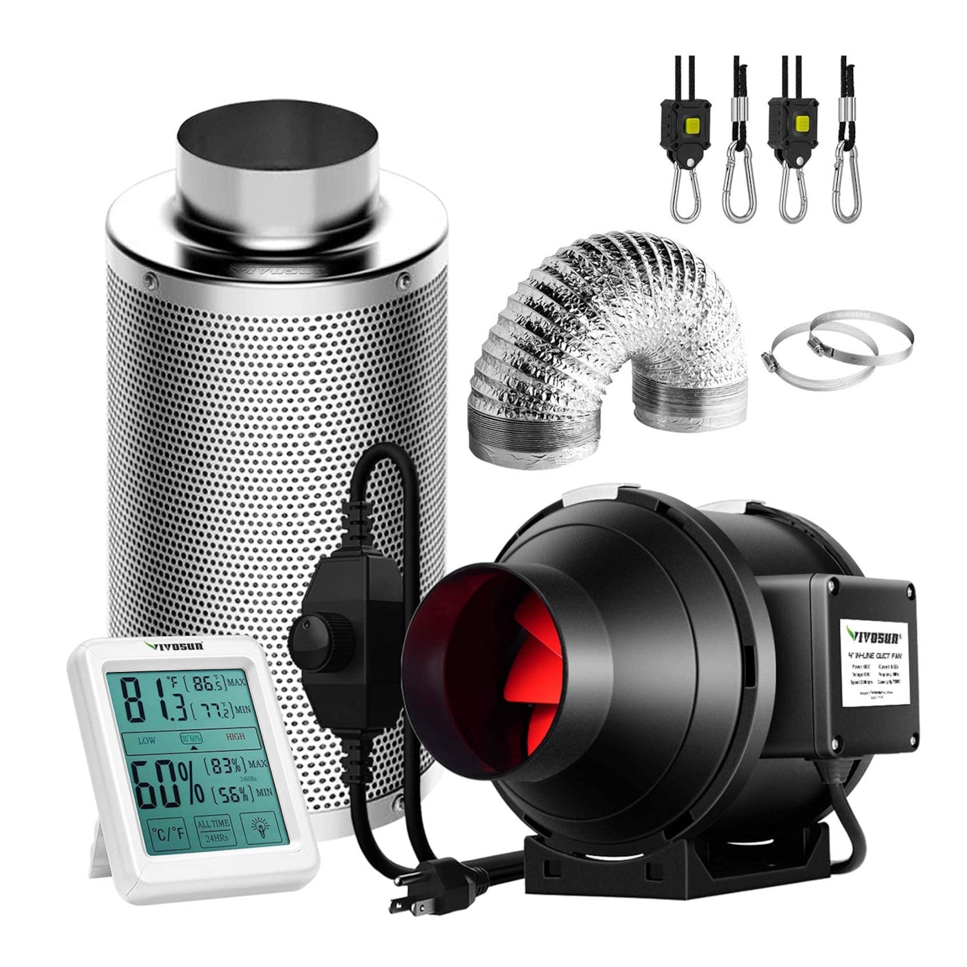 VIVOSUN 4-Inch 190 CFM Inline Duct Fan Kit with Carbon Filter, Thermometer, and Ducting