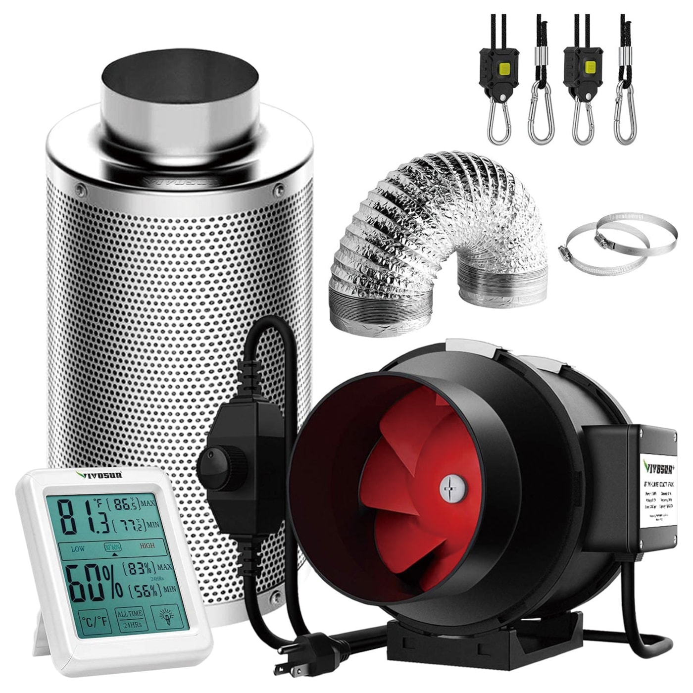 VIVOSUN 6-Inch 390 CFM Inline Duct Fan Kit with Carbon Filter, Thermometer, and Ducting