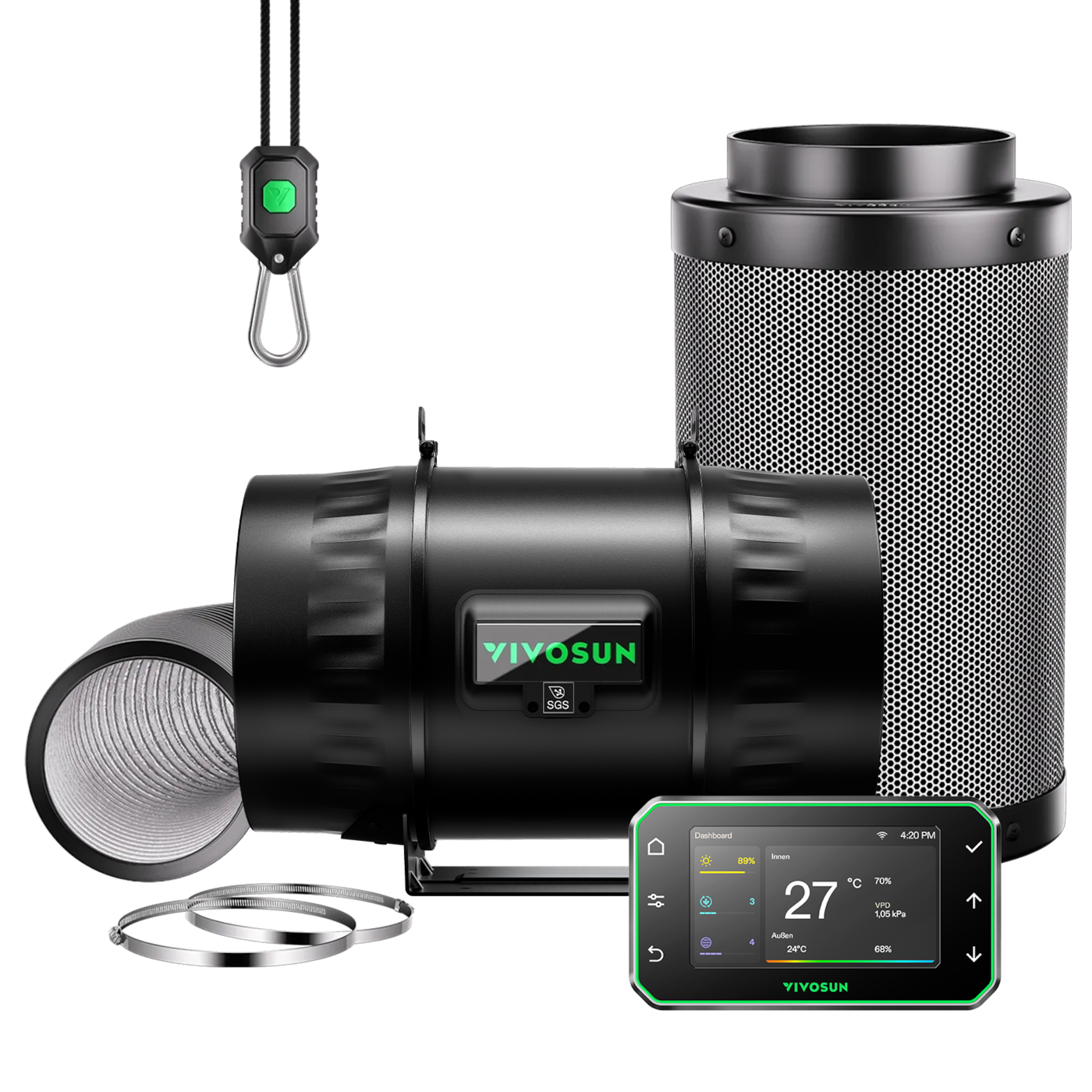 20 cm Smart Abluftset Pro T8 – Rohrventilator, GrowHub E42A+ Temperatur- & Feuchtigkeitscontroller, Aktivkohlefilter & Lüftungsschlauch – Belüftungs- und Filtersystem für Growbox & Hydrokultur