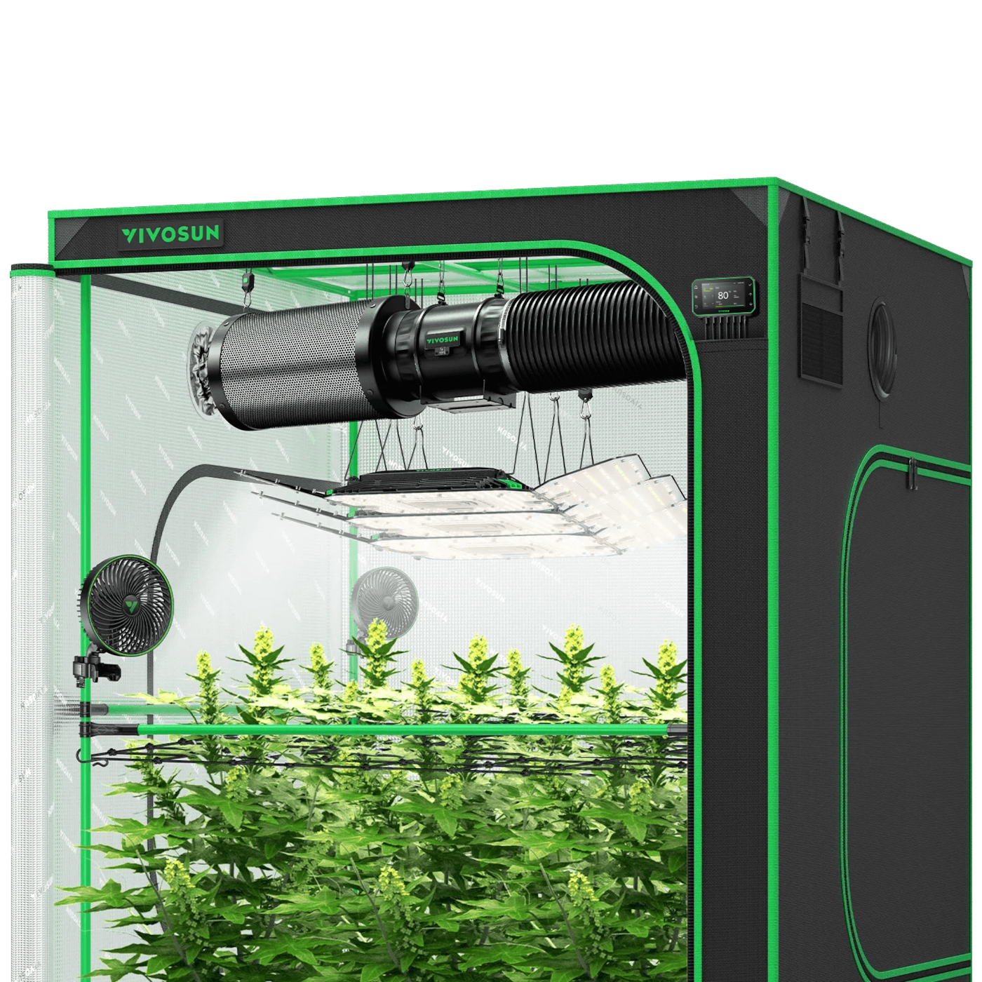 Smart Grow Tent Kit GIY-SGS-55 Pro 5x5, 6-Plant Complete System, with WiFi E42A+ Controller, 3x 200W AeroLight Wing LED Grow Light, 8-inch AeroZesh T8 Ventilation Combo, and 2x AeroWave E6 Gen2 Clip-on Fan