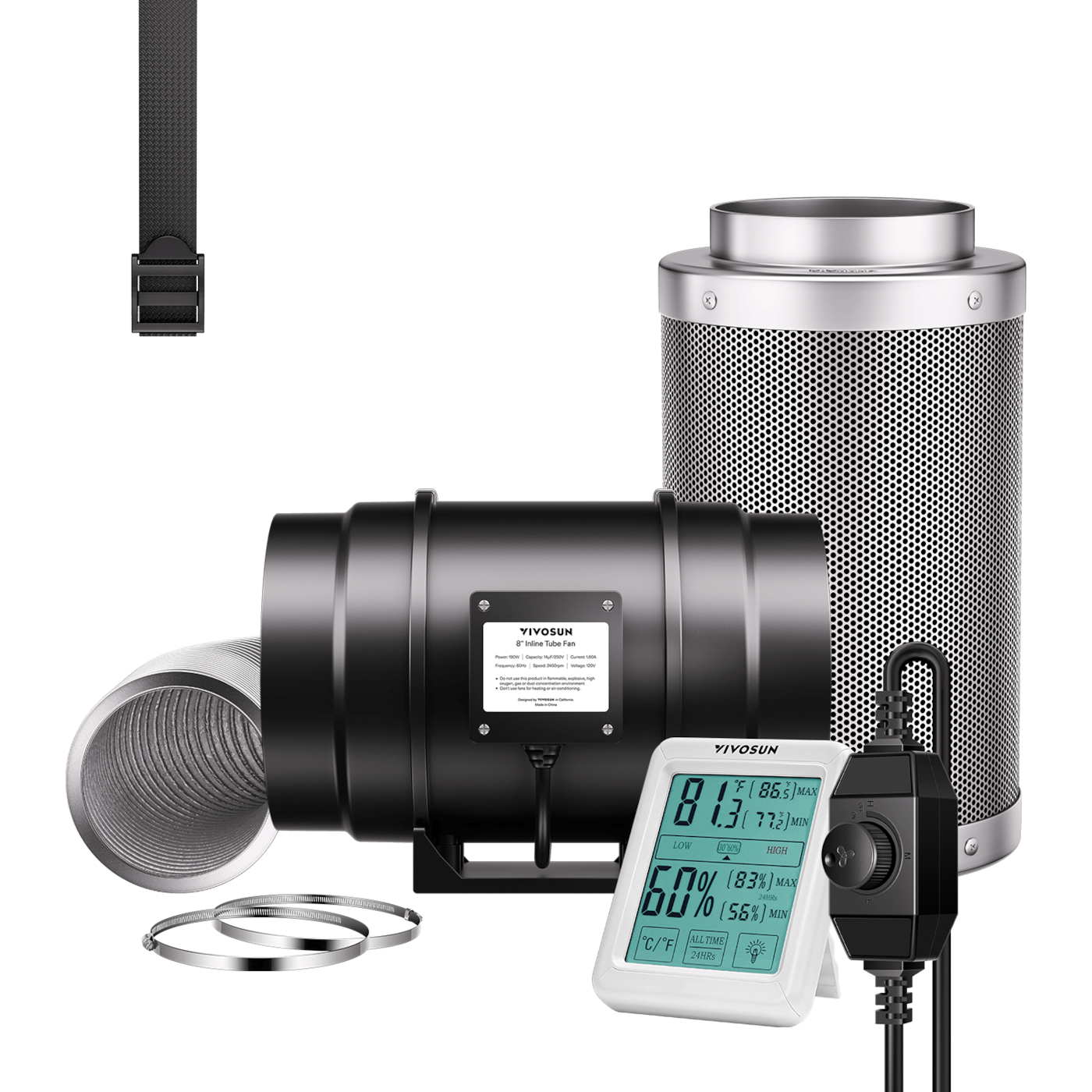 Luftfilterset R8 8″, Rohrventilator R8 mit variablem Drehzahlregler, Thermometer, Kohlefilter und Kanalkombination