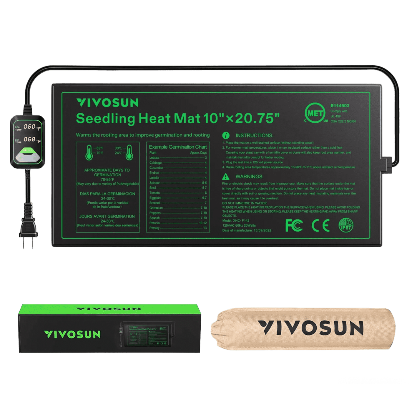 Seedling Heat Mat with Dual Digital Display Thermostat, 10" x 20.75" Black Warm Hydroponic Heating Pad for Seed Germination