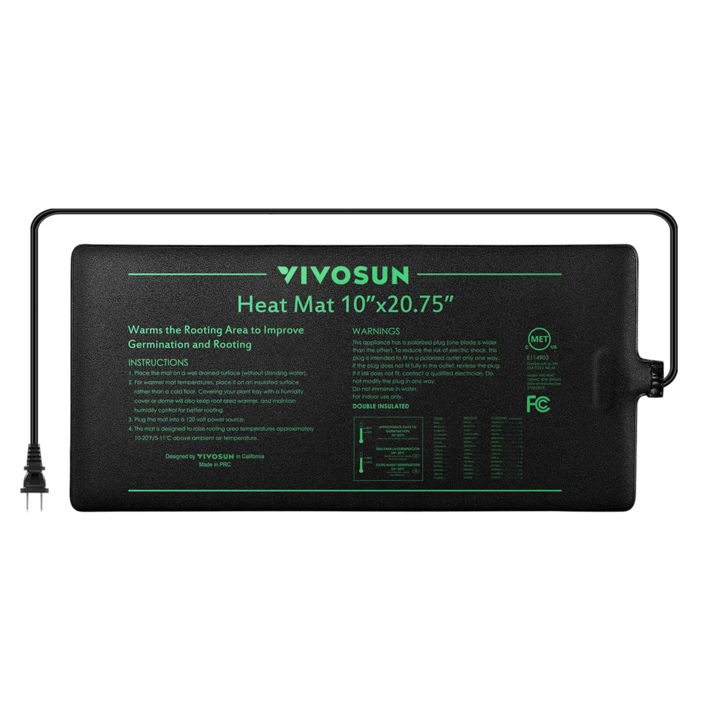 VIVOSUN Durable Waterproof Seedling Heat Mat Warm Hydroponic Heating Pad 10" x 20.75" MET Standard