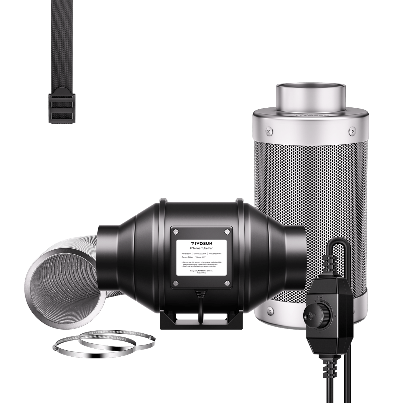 Air Filtration Kit R4 4″, Inline Fan R4 with Variable Speed Controller, Carbon Filter & Ducting Combo