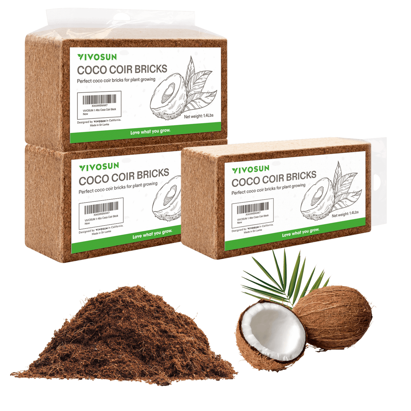 Coco Coir Brick, 1.4lbs 100% Natural Organic Compressed Coconut Coir Fiber with Low EC 3 Pack