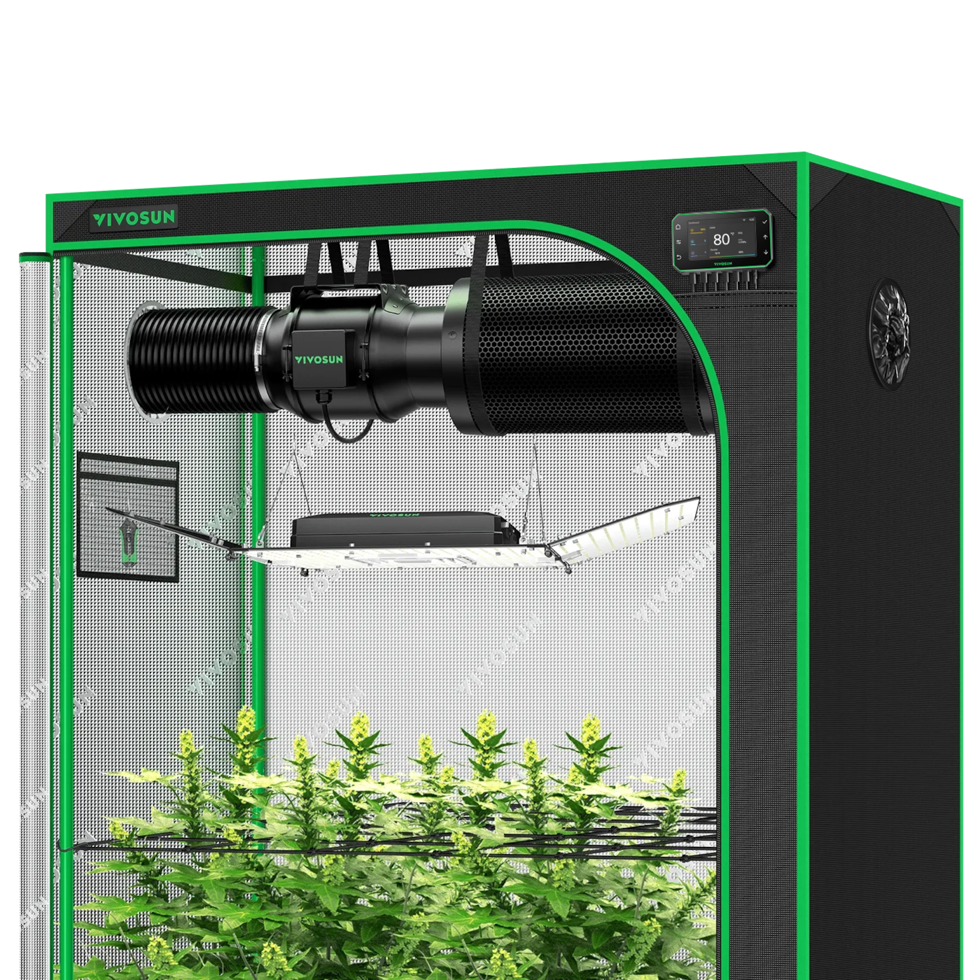 Smart Growbox Komplettset 150 x 80 x 200 cm, Komplettsystem für 3 Pflanzen GIY-SGS-52, mit WiFi E42A+ Controller, 200W AeroLight Wing SE LED Pflanzenlampe und 15 cm AeroZesh G6 Abluftset