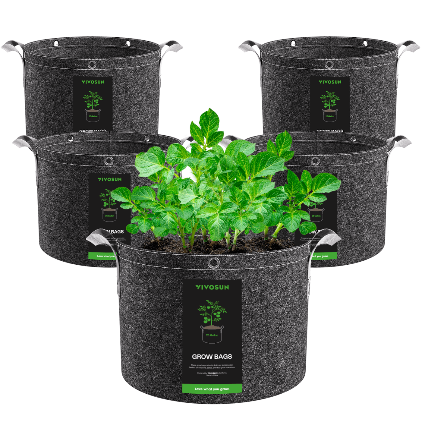 25 Gallon Grow Bags 5-Pack Black Thickened Nonwoven Fabric Pots with Handles, Multi-Purpose Rings