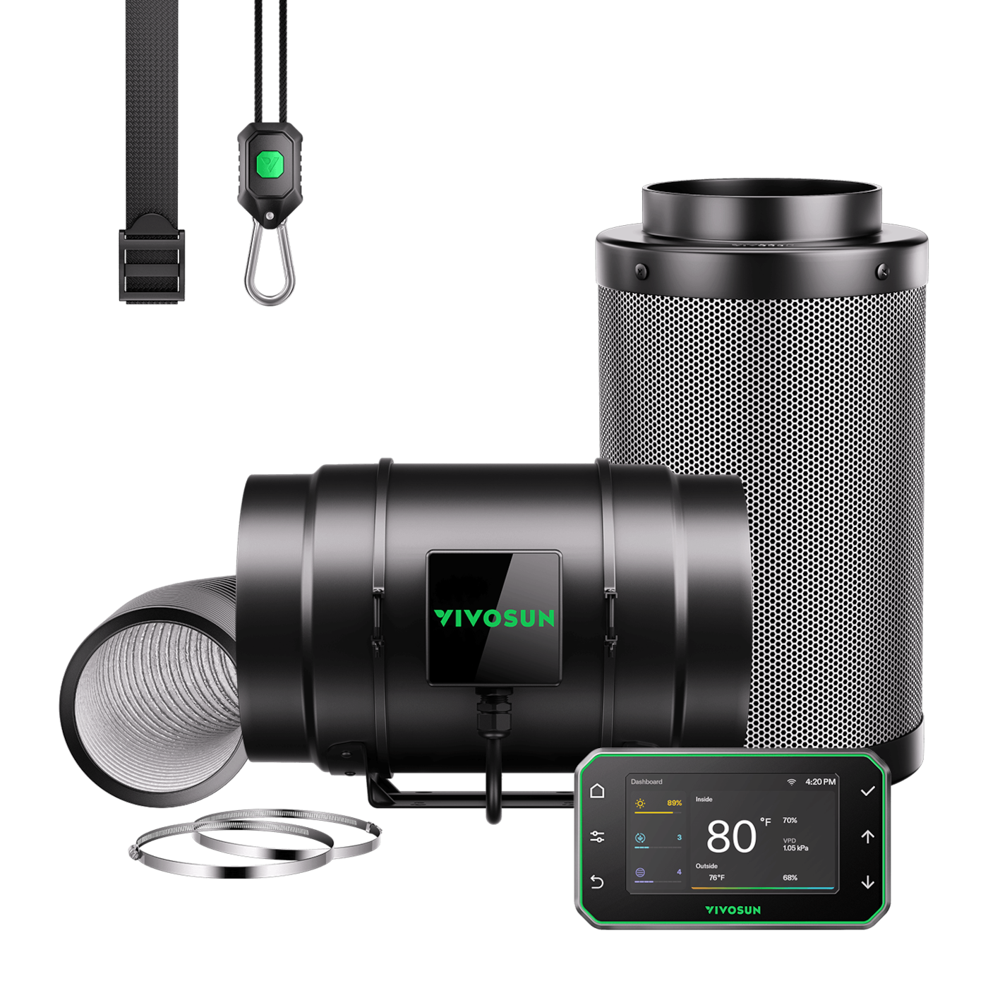 Smart Air Filtration PRO G8 Kit 8", AeroZesh G8 Inline Duct Fan w/GrowHub E42A+ Temperature Humidity WiFi-Controller, Carbon Filter & Ducting, Cooling & Ventilation for Grow Tent, Hydroponics