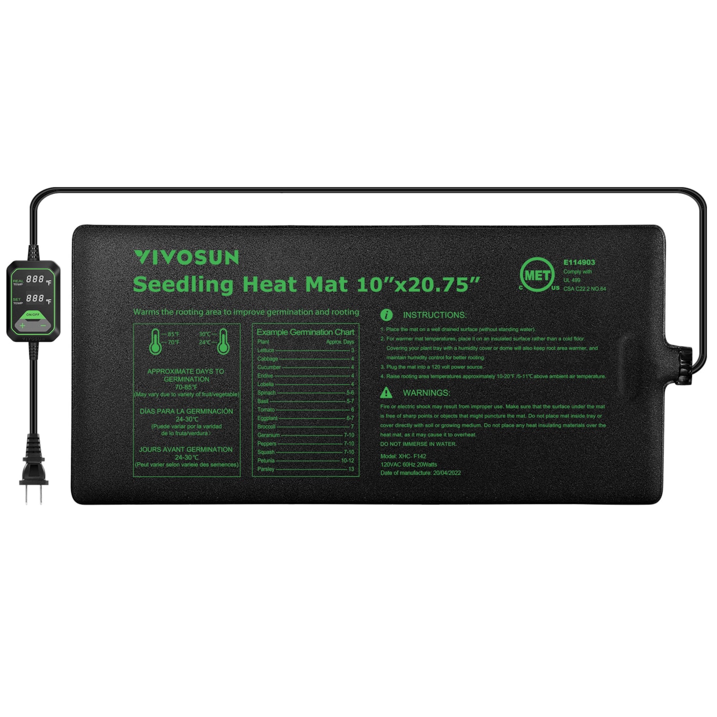 VIVOSUN Seedling Heat Mat with Dual Digital Display Thermostat, 10" x 20.75" Black Warm Hydroponic Heating Pad for Seed Germination