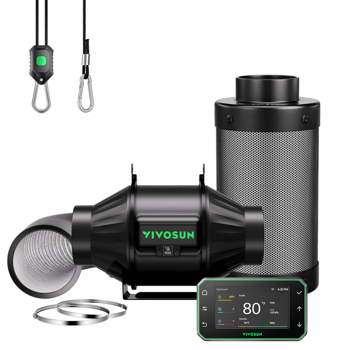 Smart Air Filtration PRO Kit 4", AeroZesh T4 Inline Duct Fan with GrowHub E42A+, Temperature Humidity Controller, Carbon Filter & Ducting Ventilation System for Grow Tent, Hydroponics