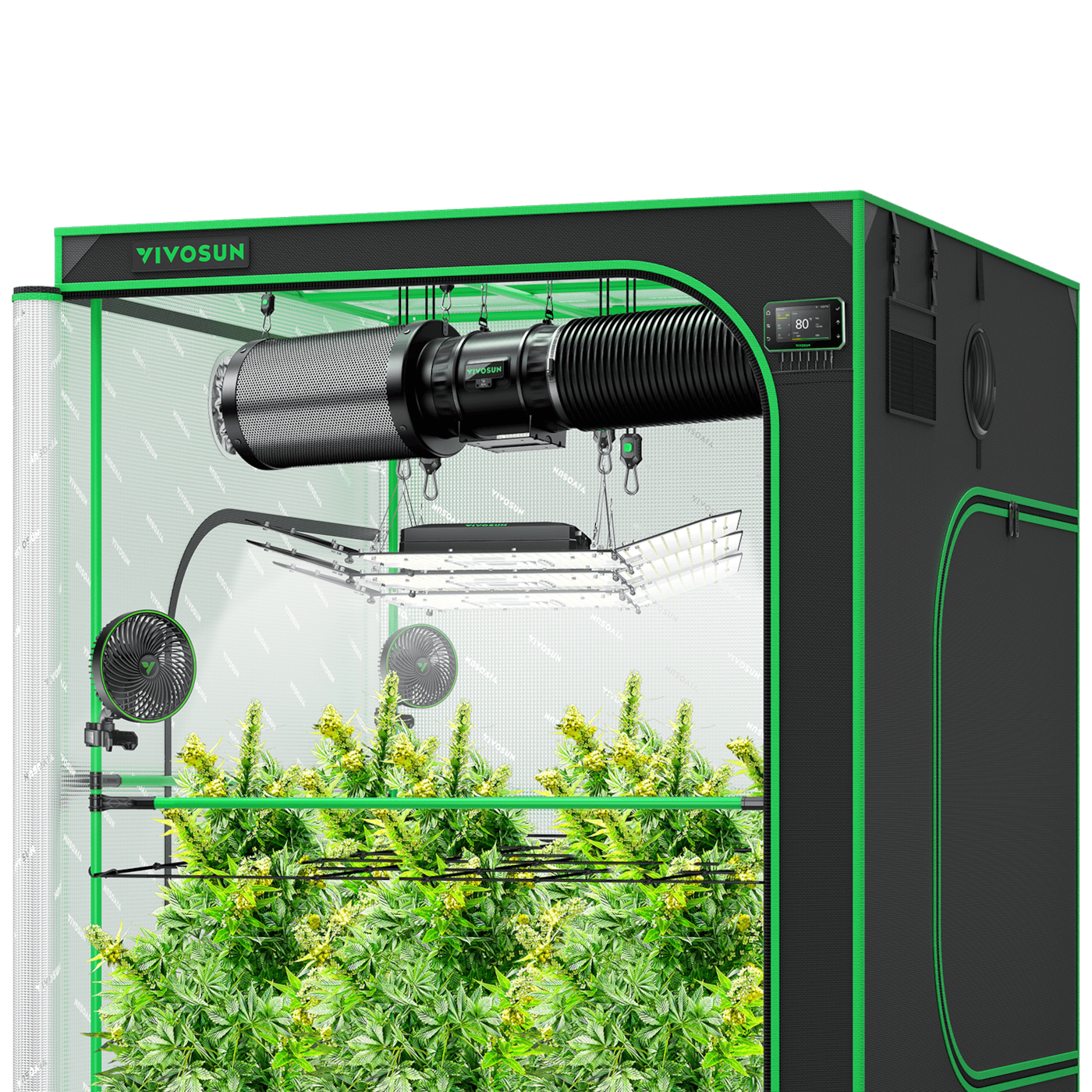 Smart Grow Tent Kit Pro 5x5, 6-Plant Complete System, with WiFi E42A+ Controller, 3x 200W AeroLight Wing LED Grow Light, 8-inch AeroZesh T8 Ventilation Combo, and 2x AeroWave E6 Gen2 Clip-on Fan
