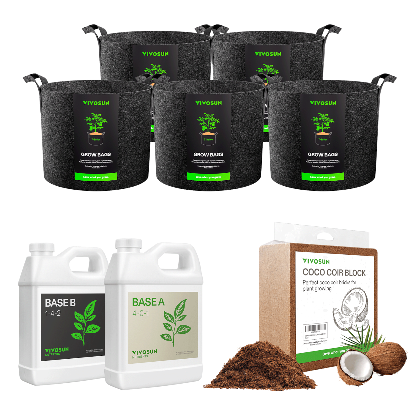 Grow Accessory Kit, with 5-Pack 7 Gallon Black Grow Bags, 32oz Nutrients Base A & B Bundle, and 11lbs Coco Coir Brick