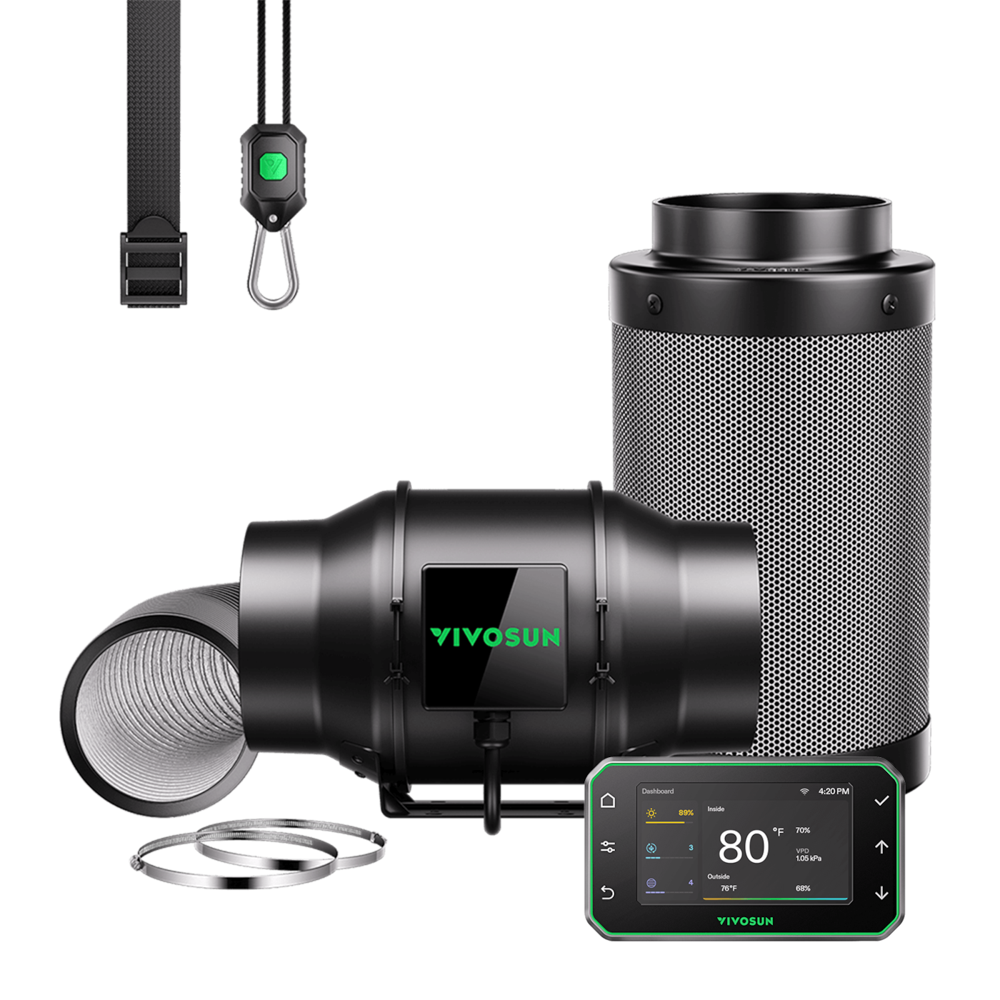 Smart Air Filtration PRO G6 Kit 6", AeroZesh G6 Inline Duct Fan w/GrowHub E42A+ Temperature Humidity WiFi-Controller, Carbon Filter & Ducting, Cooling & Ventilation for Grow Tent, Hydroponics