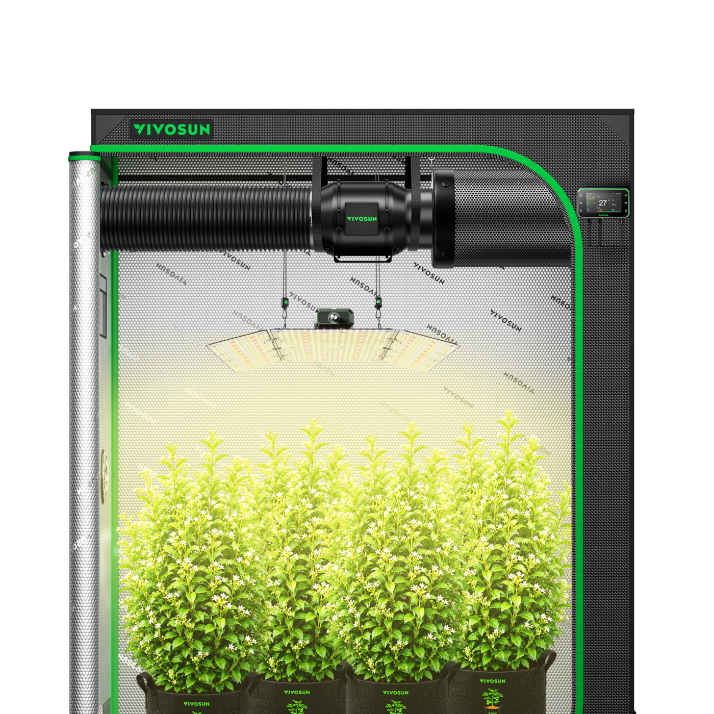 Smart Growbox Komplettset 150 x 80 x 200 cm, Komplettsystem für 3 Pflanzen, mit WiFi E42A+ Controller, 200W AeroLight Wing SE LED Pflanzenlampe und 15 cm AeroZesh G6 Abluftset