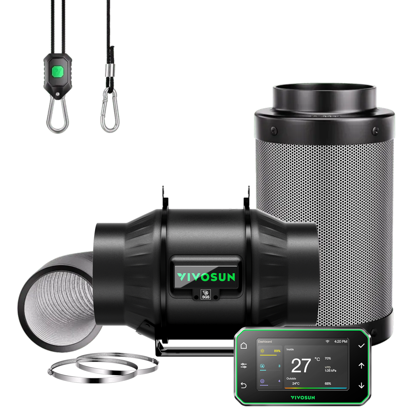 Smart Air Filtration PRO Kit 6", AeroZesh T6 Inline Duct Fan with GrowHub E42A+, Temperature Humidity Controller, Carbon Filter & Ducting Ventilation System for Grow Tent, Hydroponics
