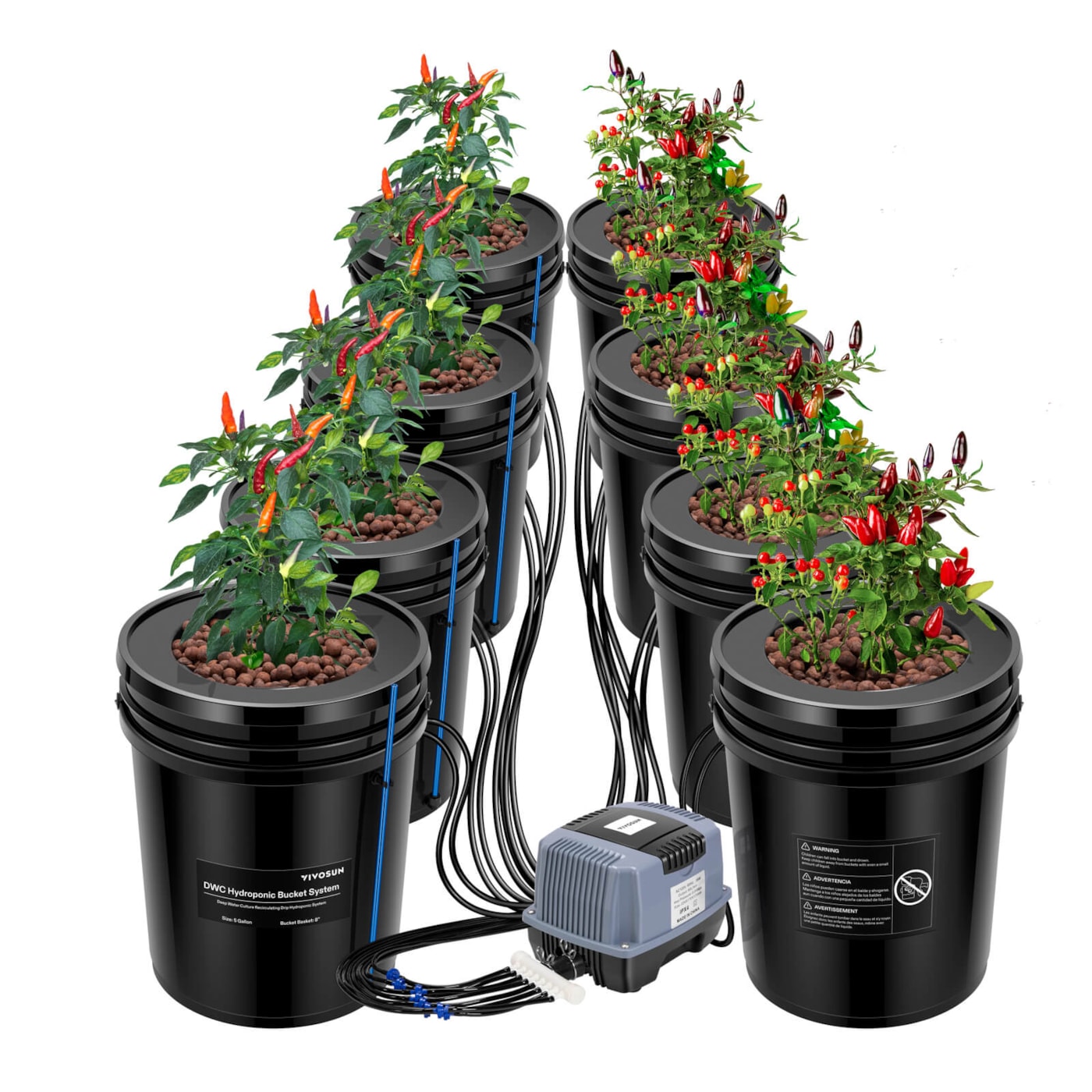 5 Gallon DWC Hydroponic System Kit (8 Bucket, Black)