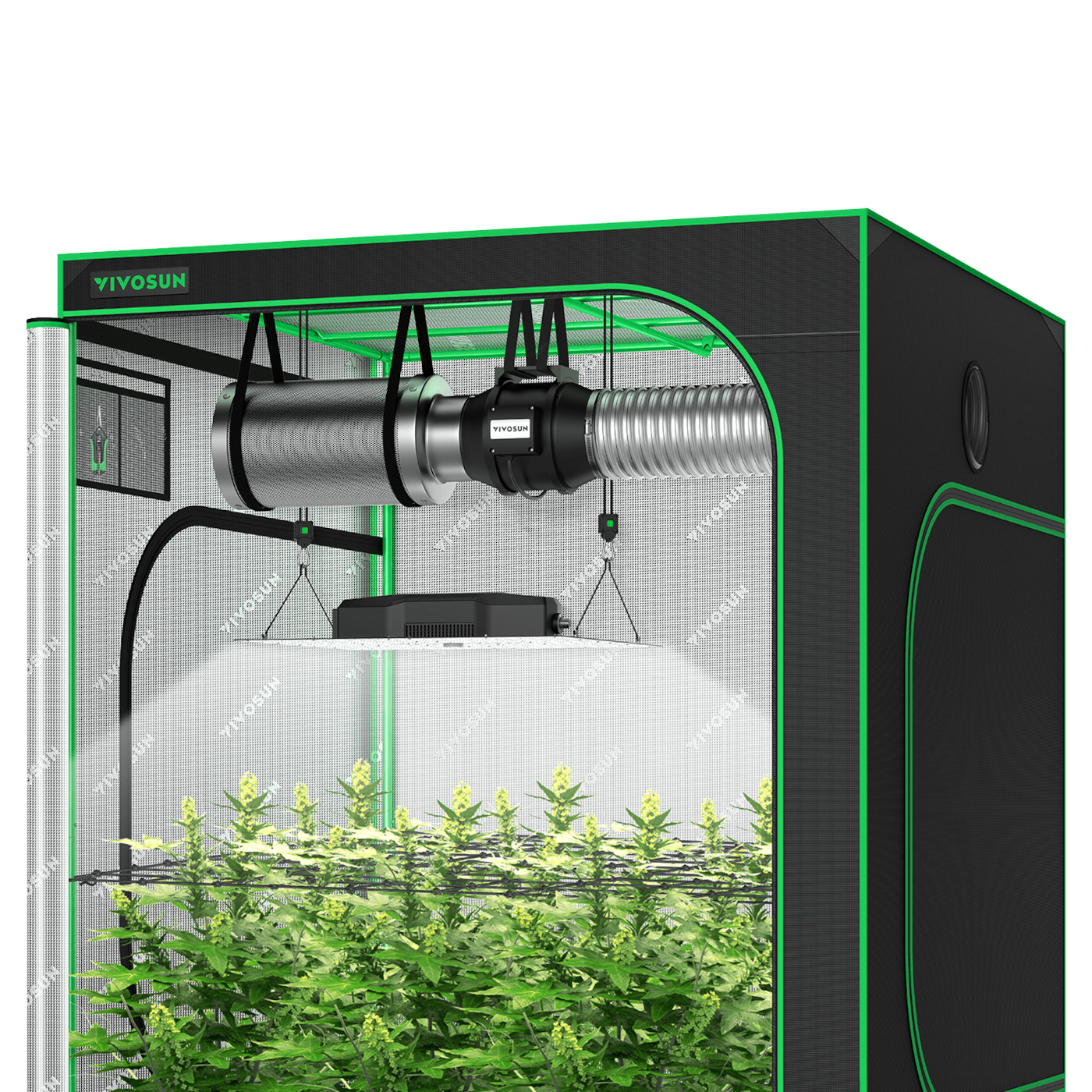 Standard Growbox Komplettset GIY-55 150 x 150 x 200 cm, Komplettsystem für 6 Pflanzen, mit 400W VS4000 LED Pflanzenlampe und 15 cm Abluftset