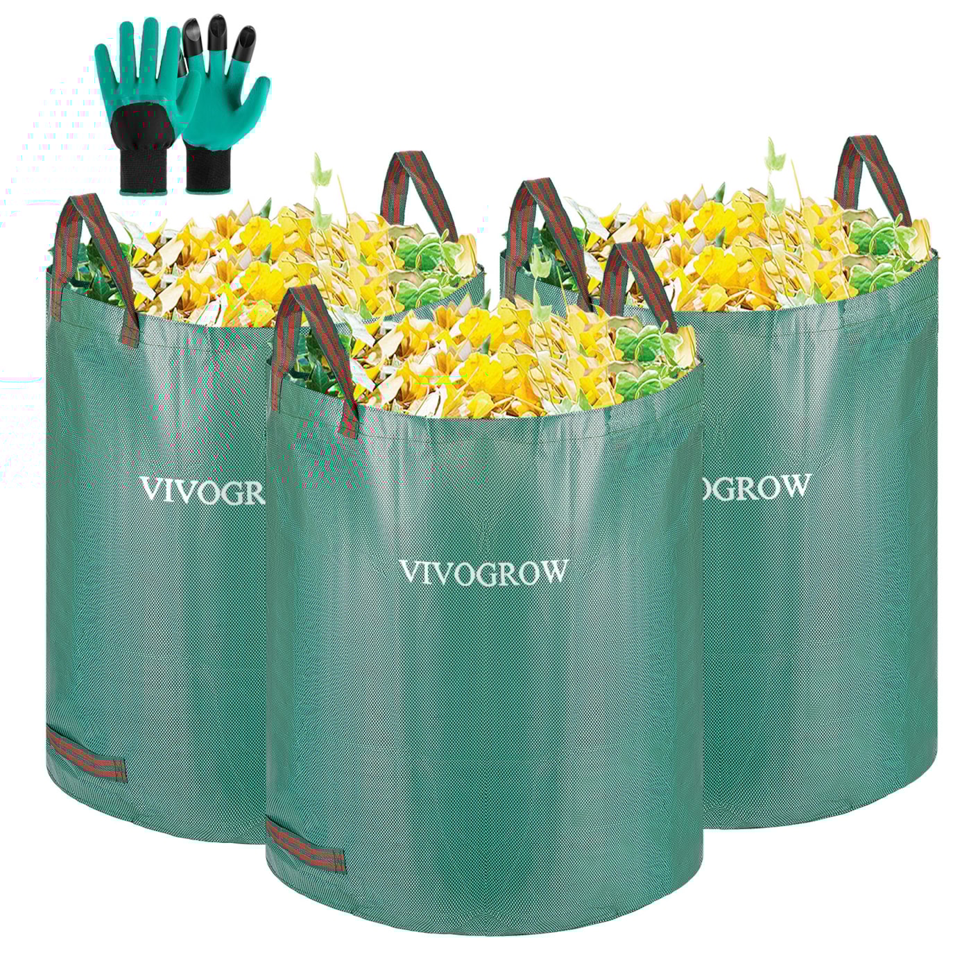 VIVOGrow 3-Pack 72 Gallons Reusable Heavy-duty Garden Waste Bags, Leaf Waste Bag, with Gardening Gloves