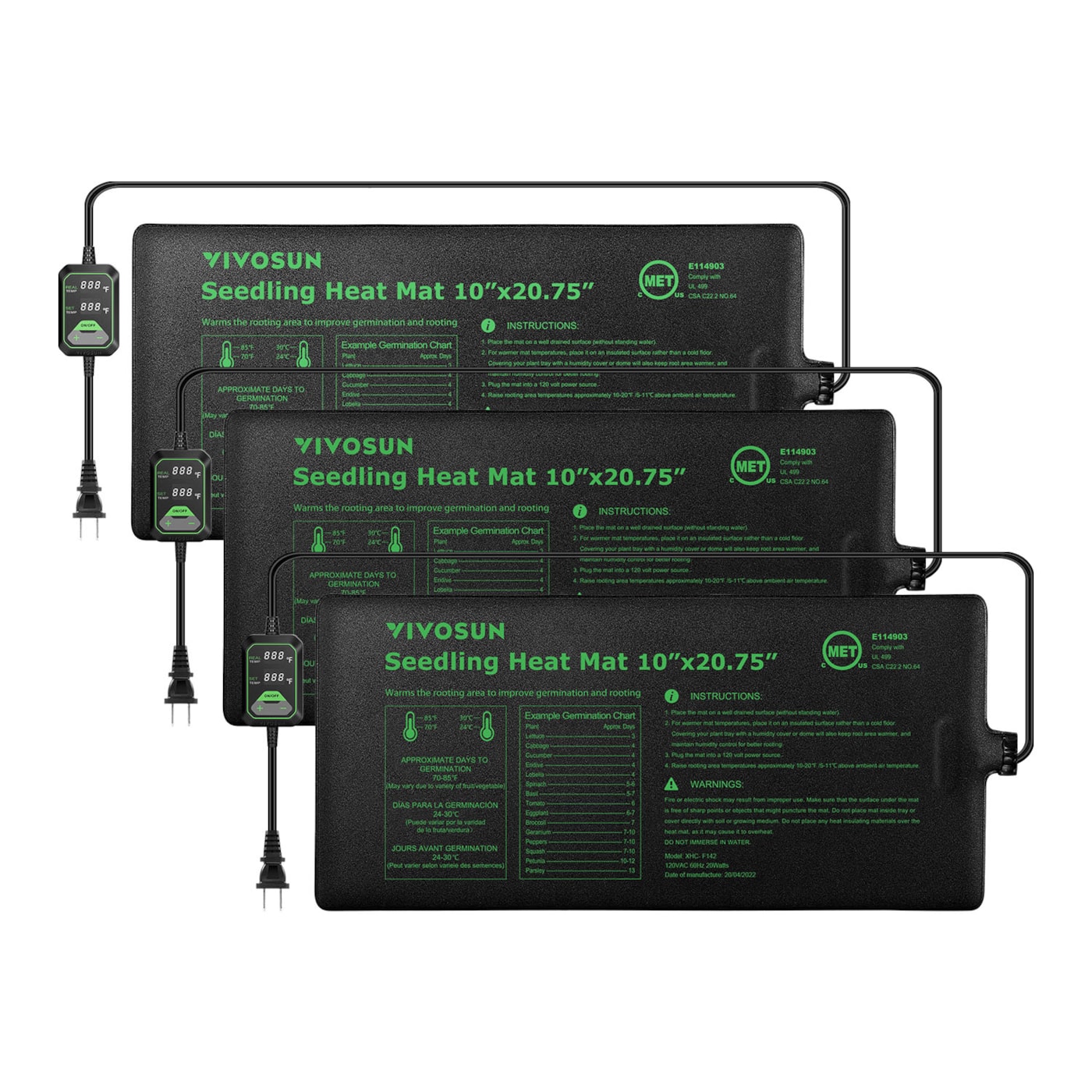 Seedling Heat Mat with Dual Digital Display Thermostat, 10" x 20.75" Black Warm Hydroponic Heating Pad for Seed Germination, 3 Pack