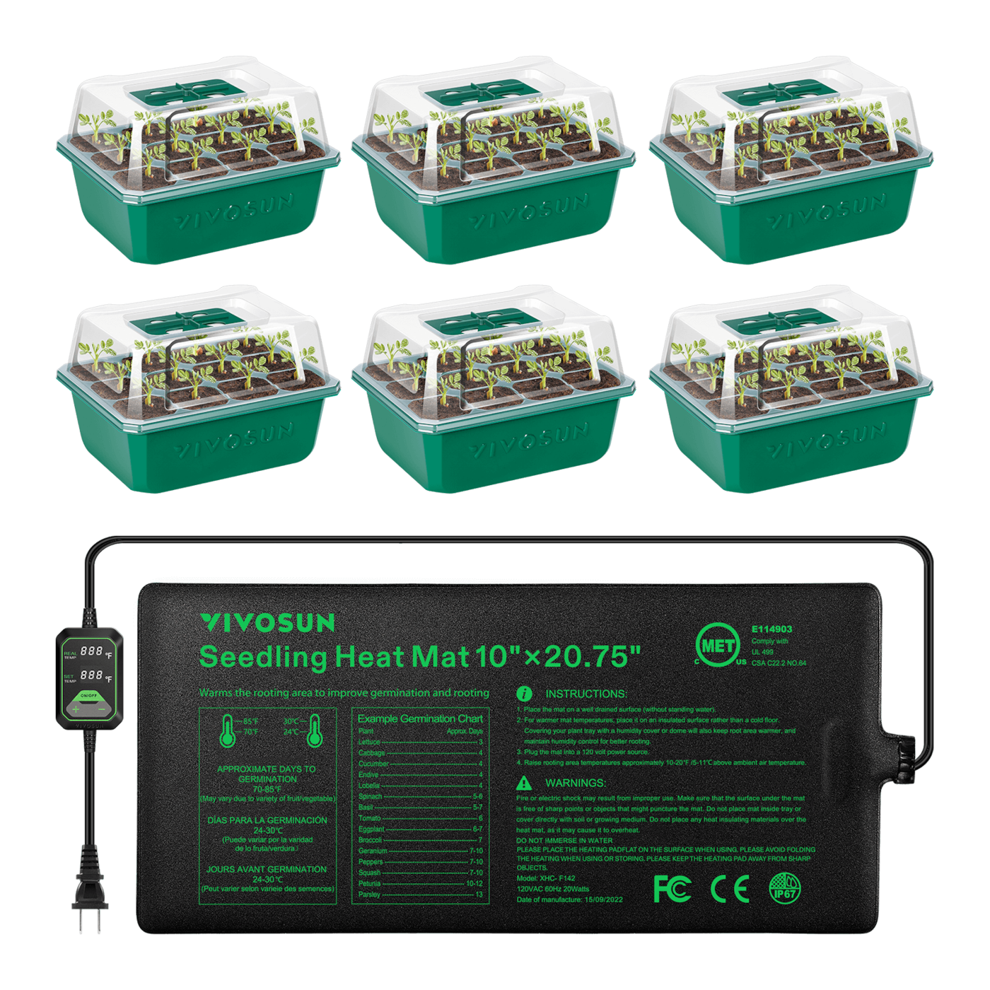 Seedling Combo w/ 10"x20.75" Heat Mat and 6-Pack Seed Starter Trays
