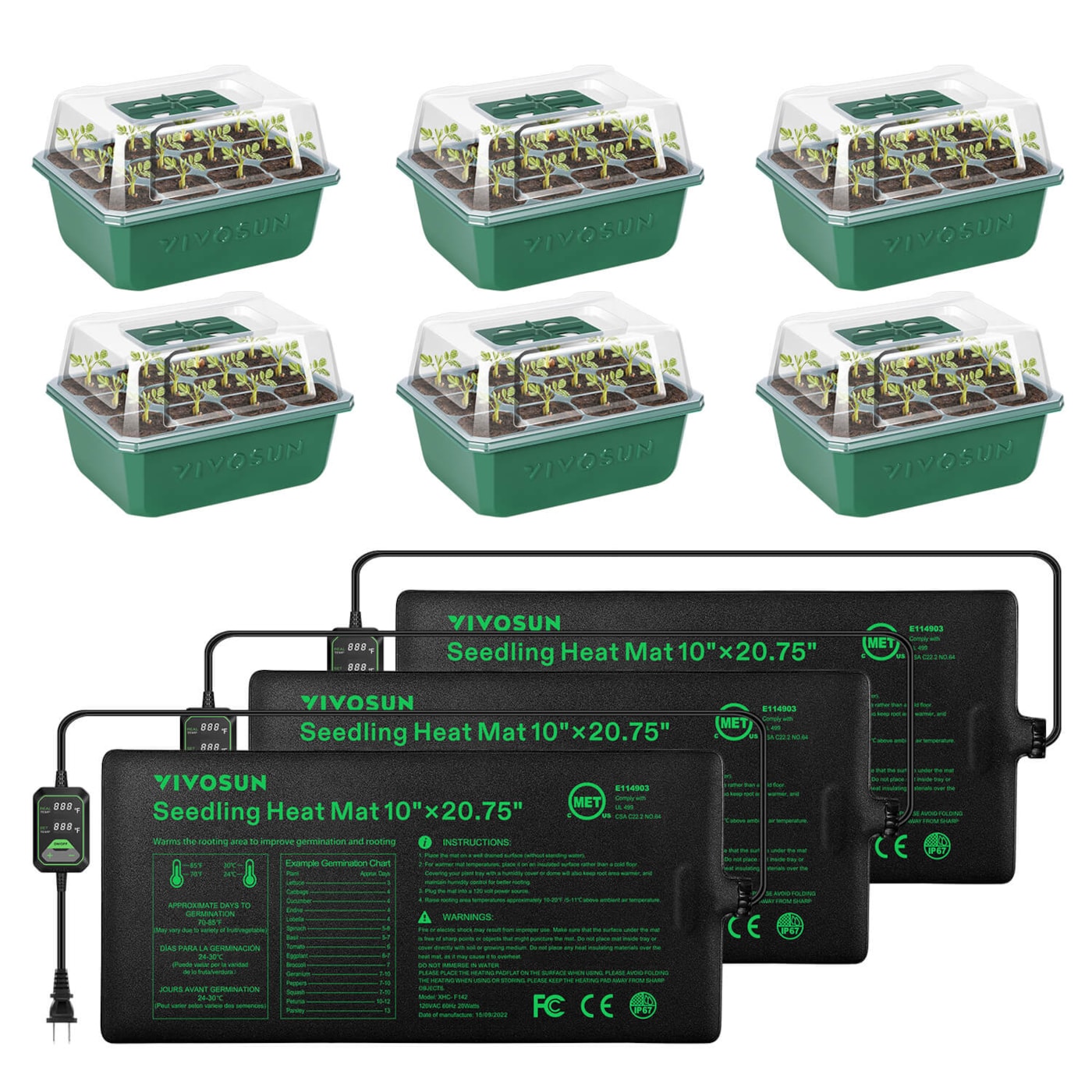 Seedling Combo w/ 3-Pack 10"x20.75" Heat Mat and 6-Pack Seed Starter Trays