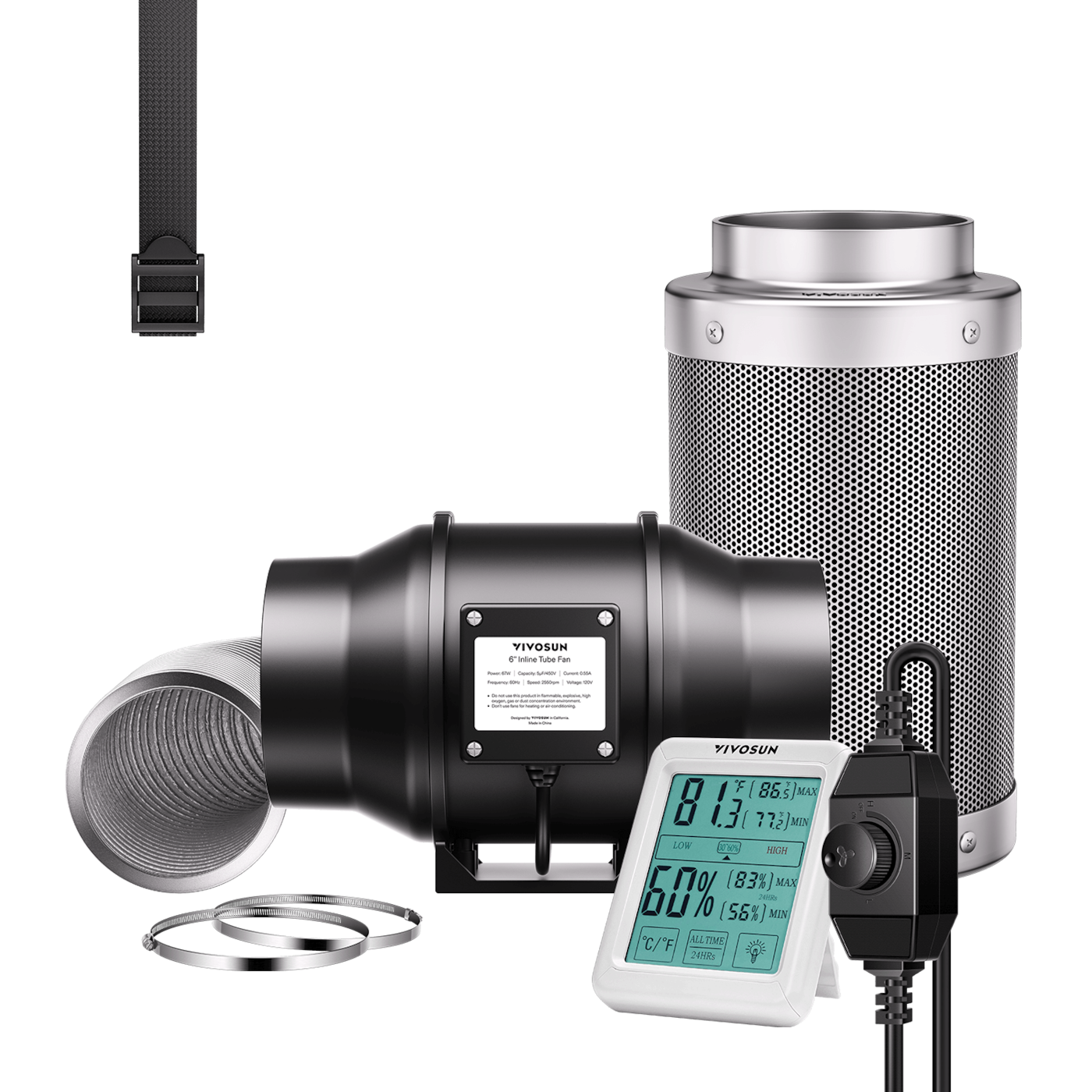 Air Filtration Kit R6 6″, Inline Fan R6 with Variable Speed Controller, Thermometer, Carbon Filter & Ducting Combo