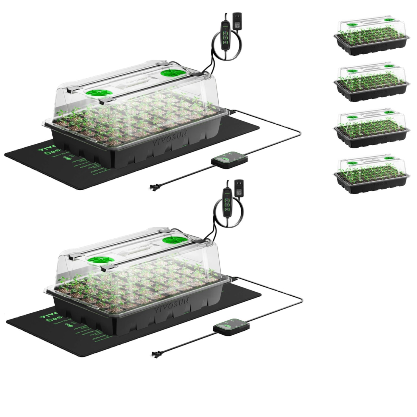6-Pack 240-Cell Seed Starter Trays with 2 Set of LED Lights, and 2-Pack 10"x20.75" Seedling Heat Mat