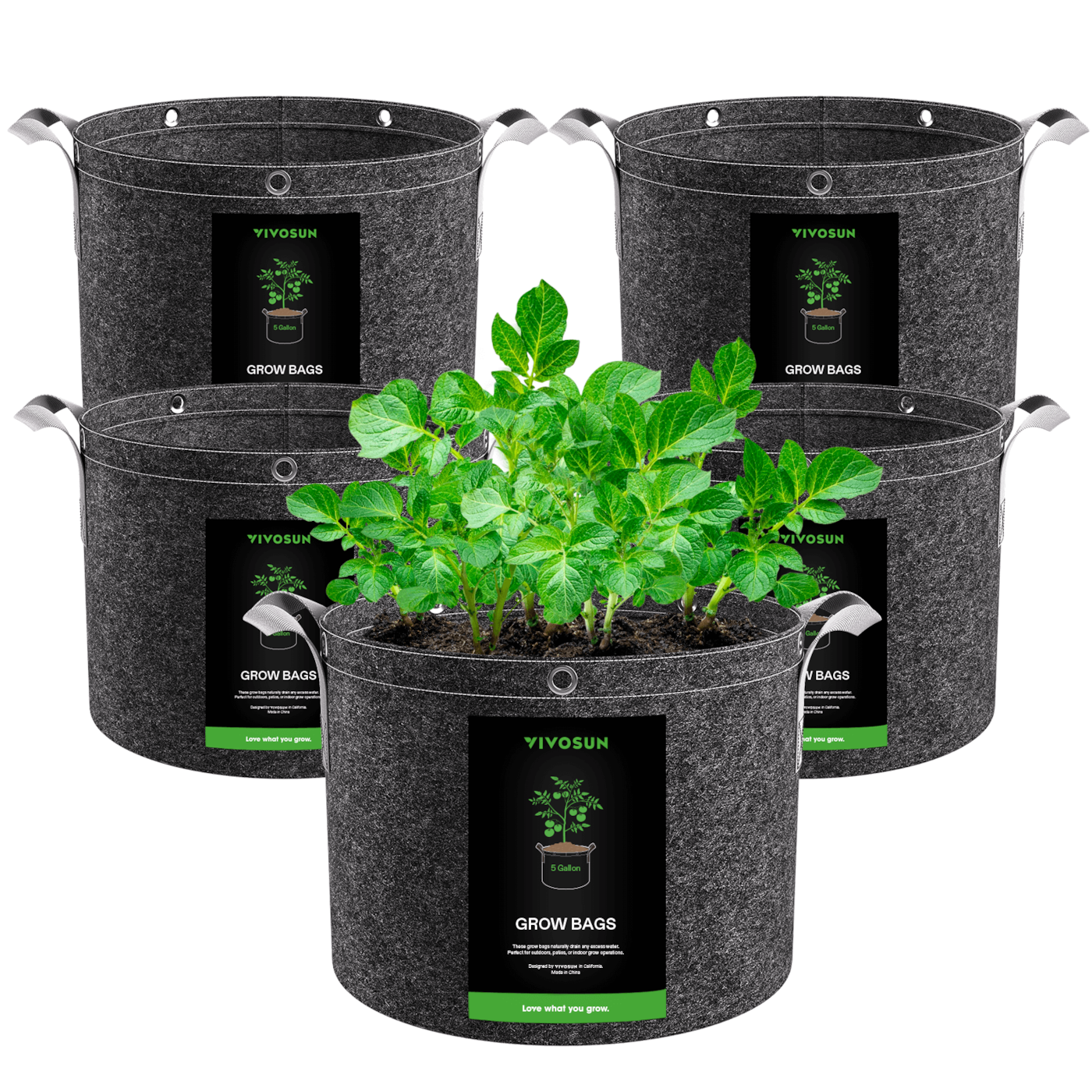 5 Gallon Grow Bags 5-Pack Black Thickened Nonwoven Fabric Pots with Handles, Multi-Purpose Rings