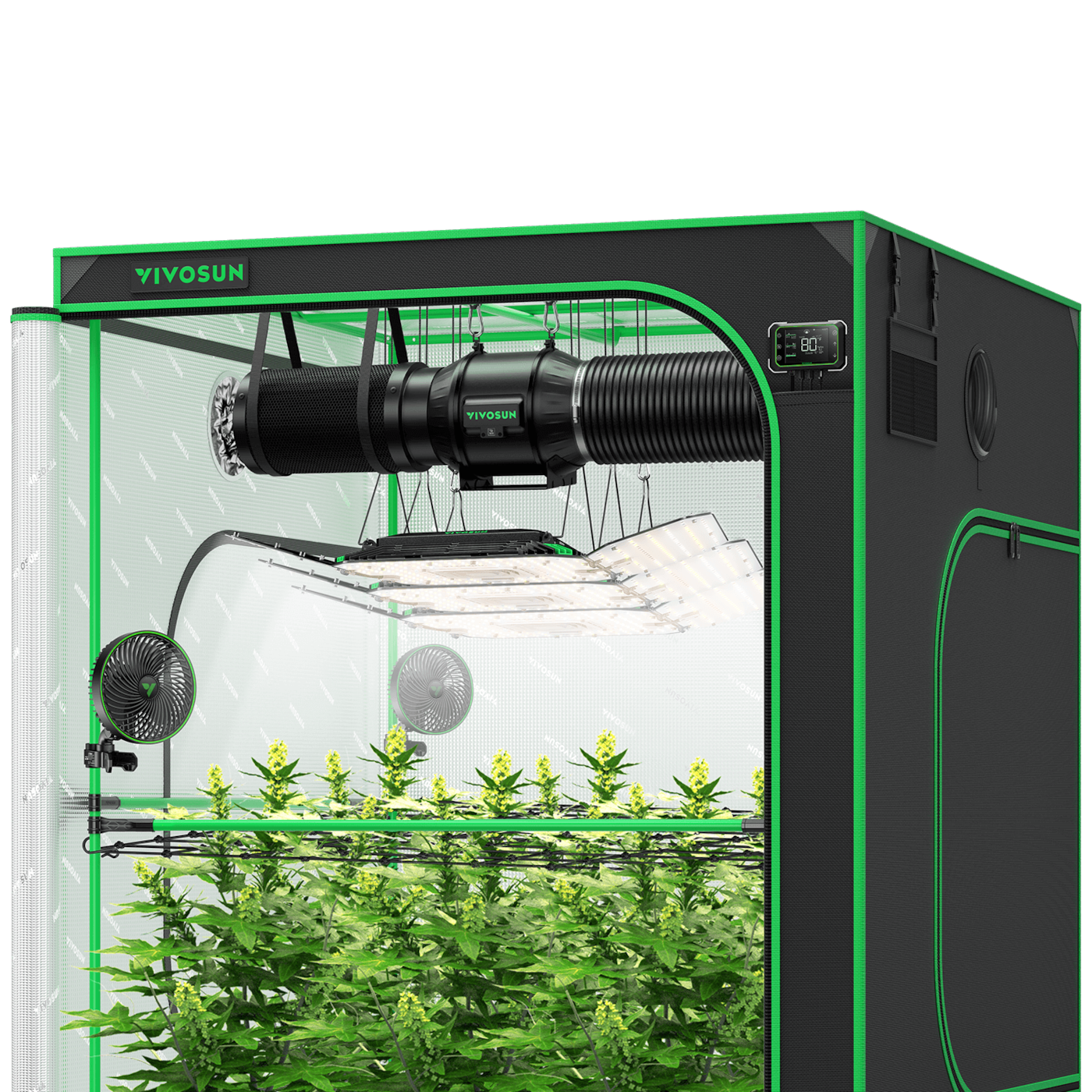 Smart Grow Tent Kit GIY-SGS-55 Pro 5x5, 6-Plant Complete System, with WiFi E42A Controller, 3x 200W AeroLight Wing LED Grow Light, 6-inch AeroZesh T6 Ventilation Combo, and 2x AeroWave E6 Gen2 Clip-on Fan