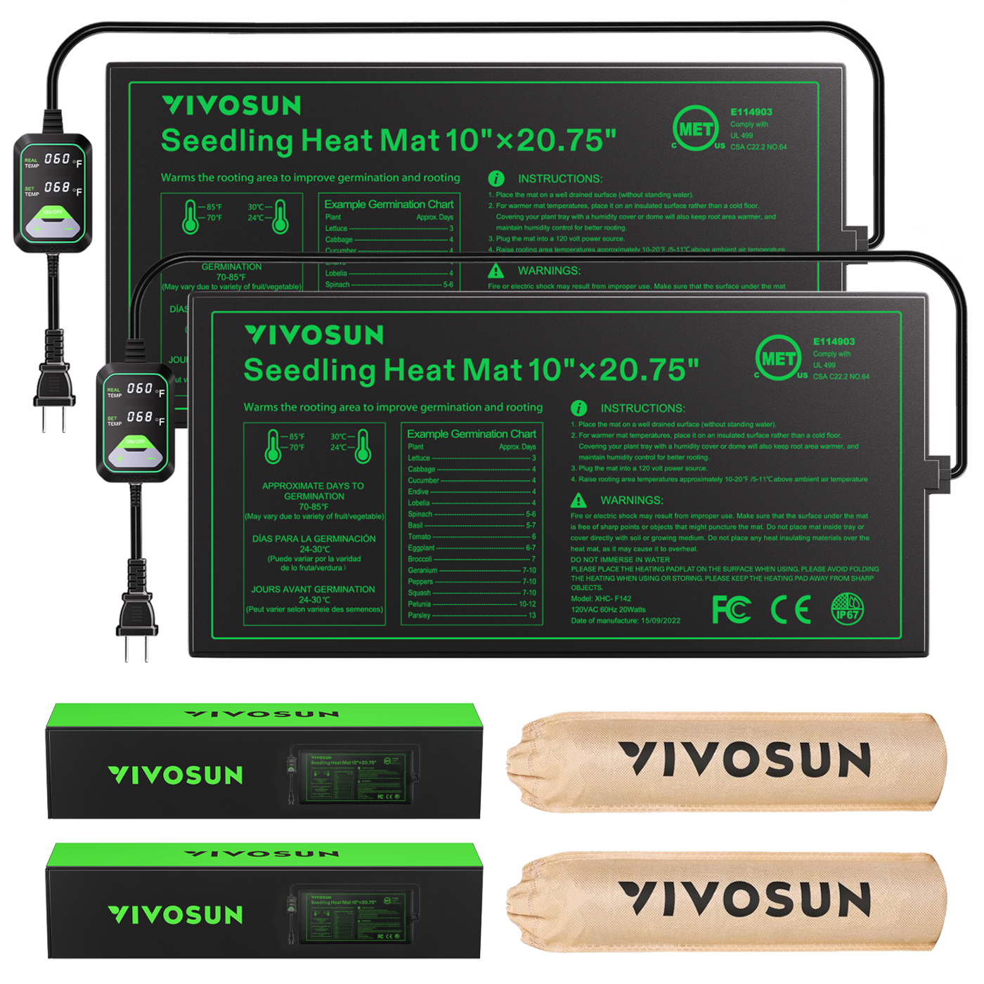 Seedling Heat Mat with Dual Digital Display Thermostat, 10" x 20.75" Black Warm Hydroponic Heating Pad for Seed Germination, 2 Pack