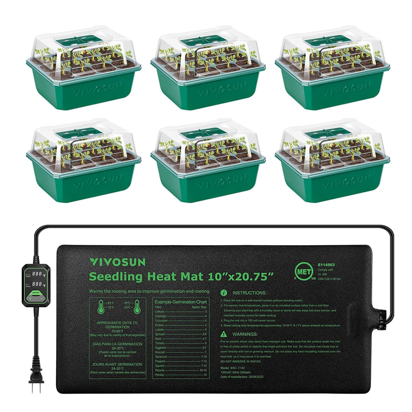 VIVOSUN Seedling Combo w/ 10"x20.75" Heat Mat and 6-Pack Seed Starter Trays